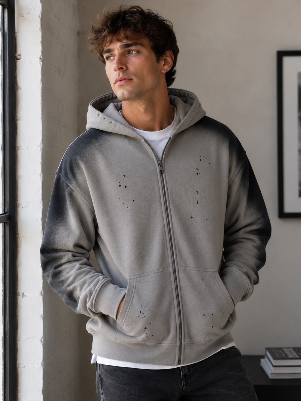 ArtieMaster 430G Heavyweight Zip Hoodie Distressed Paint Splatter, Size M